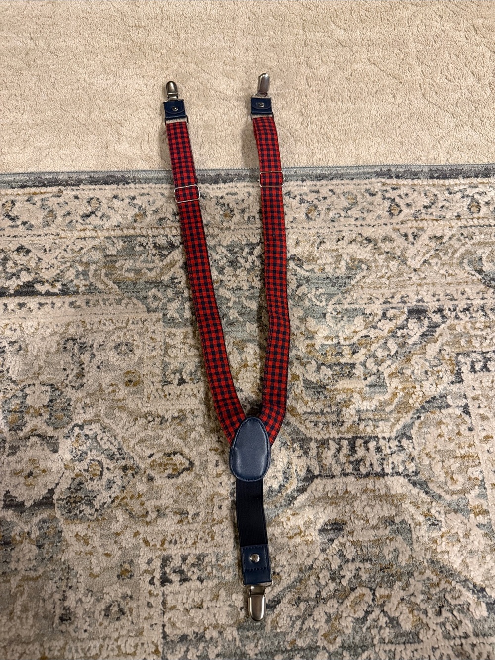 Red and Black Plaid Suspenders with Navy Leather Trim